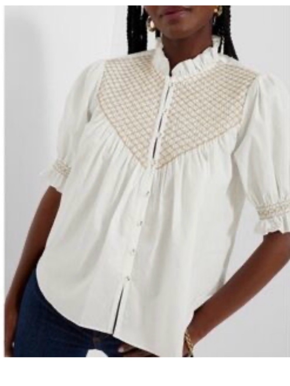 Cream Button-Front Smocked Yoke Women’s Top